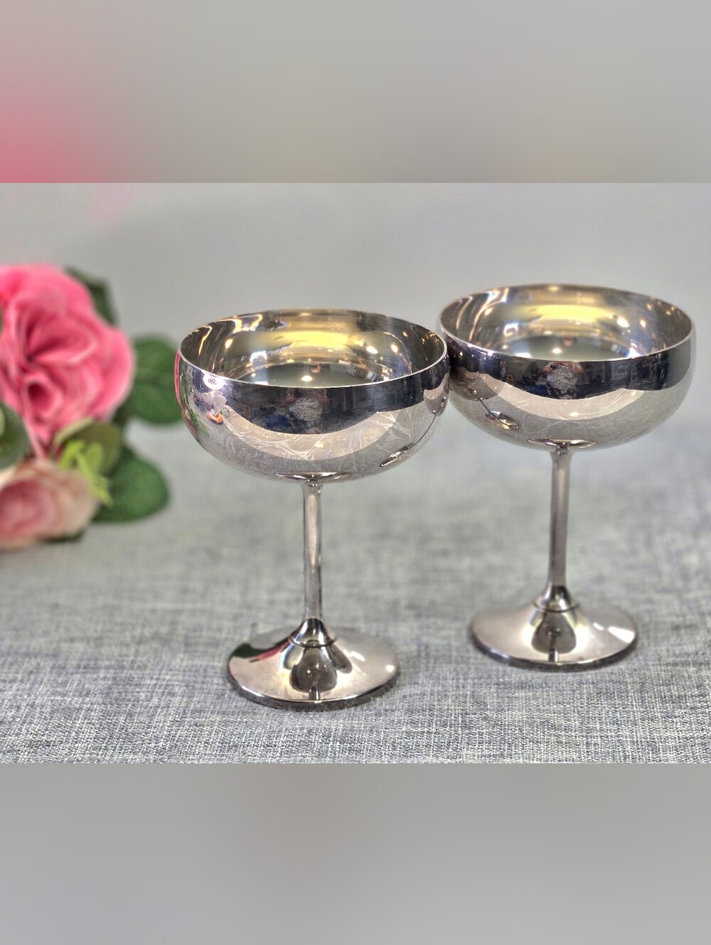 Vintage Viking Plate Champagne Coupe Glasses Set of 2 Silver Plated EP Brass MCM